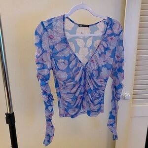 Zara Blue Floral Ruched Blouse